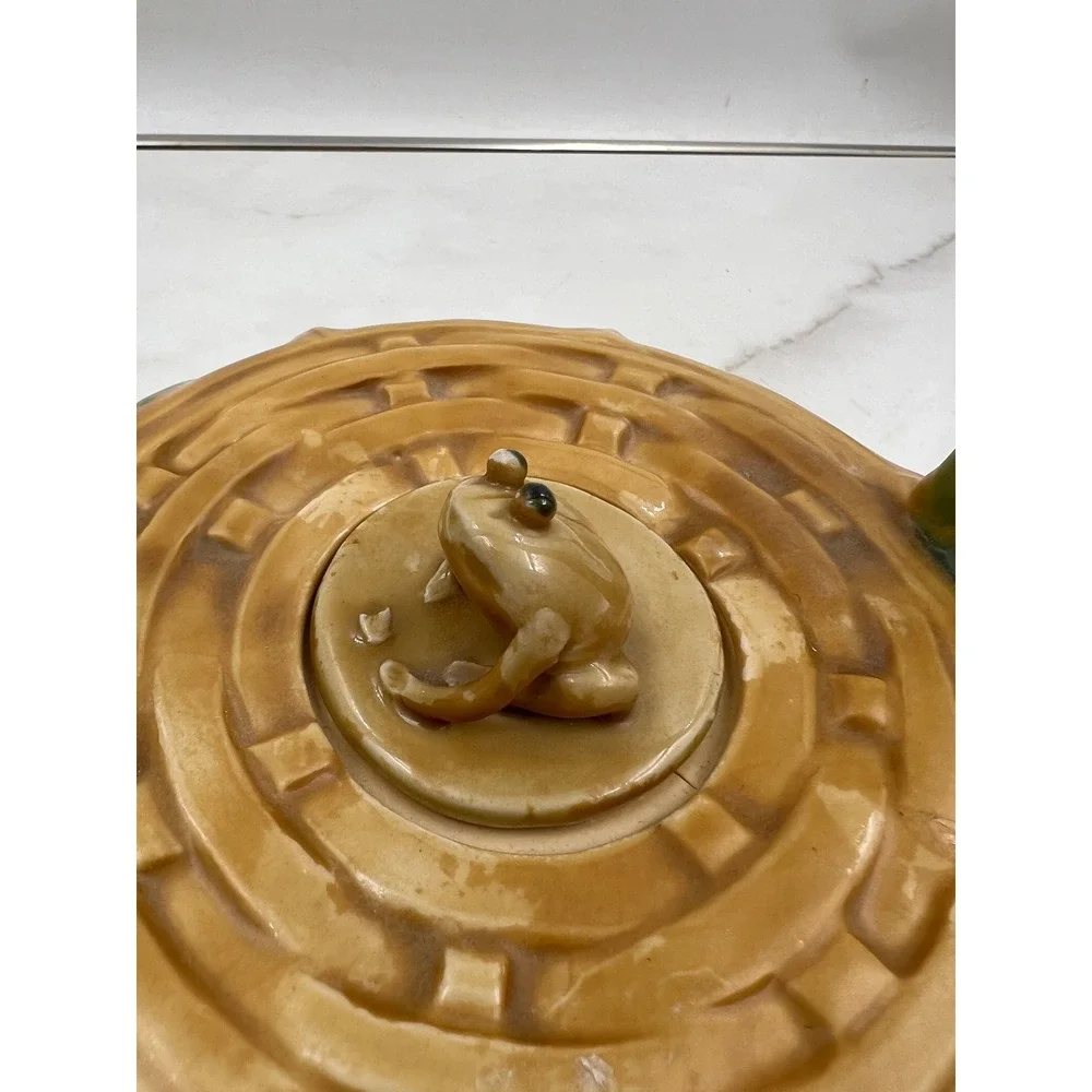 VTG Majolica Ceramic Teapot Bamboo Handle Frog Finial Yellow Green Decor